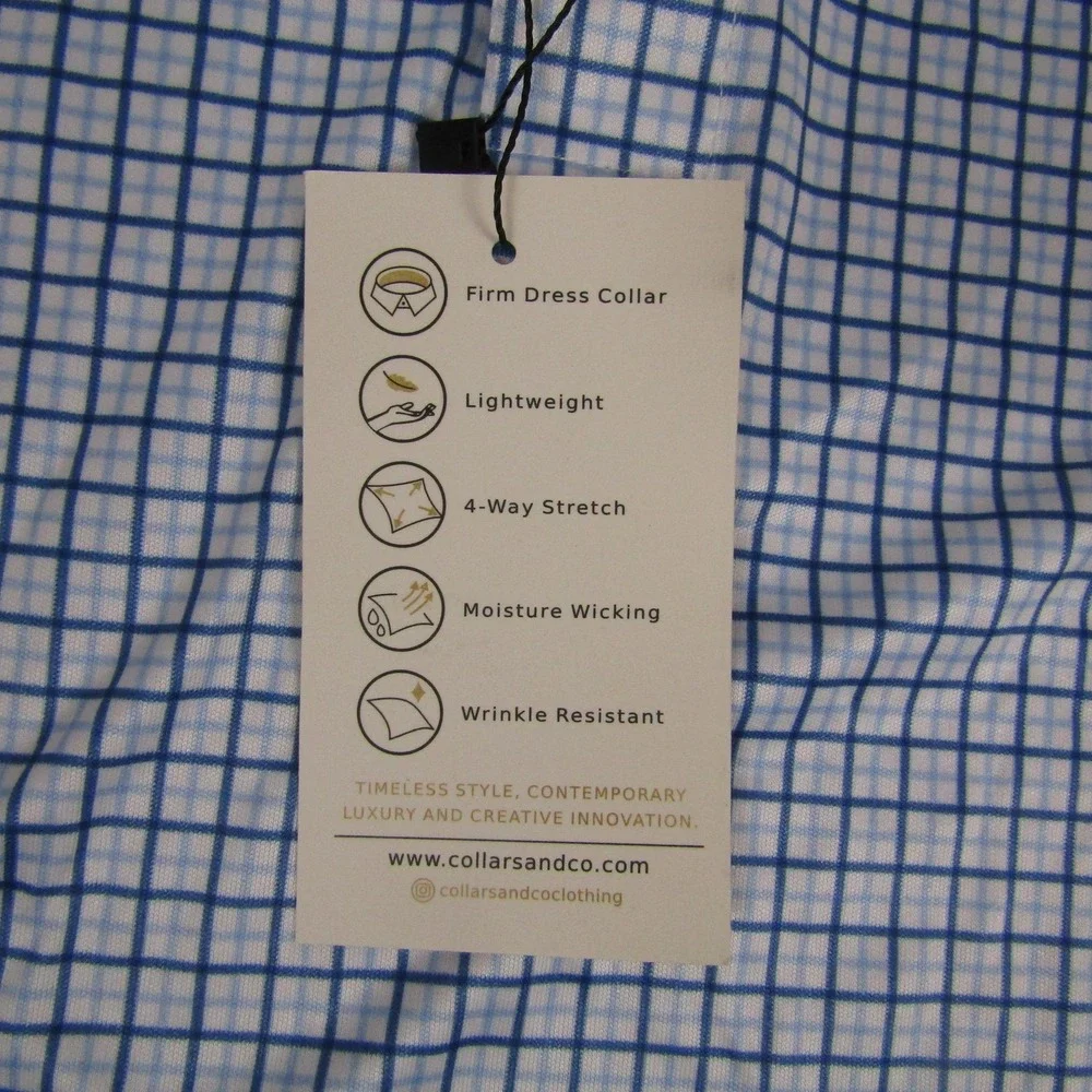 Collars & Co Polo Shirt Mens Medium Blue Check‎ Dress Collar 4 Way Stretch Golf